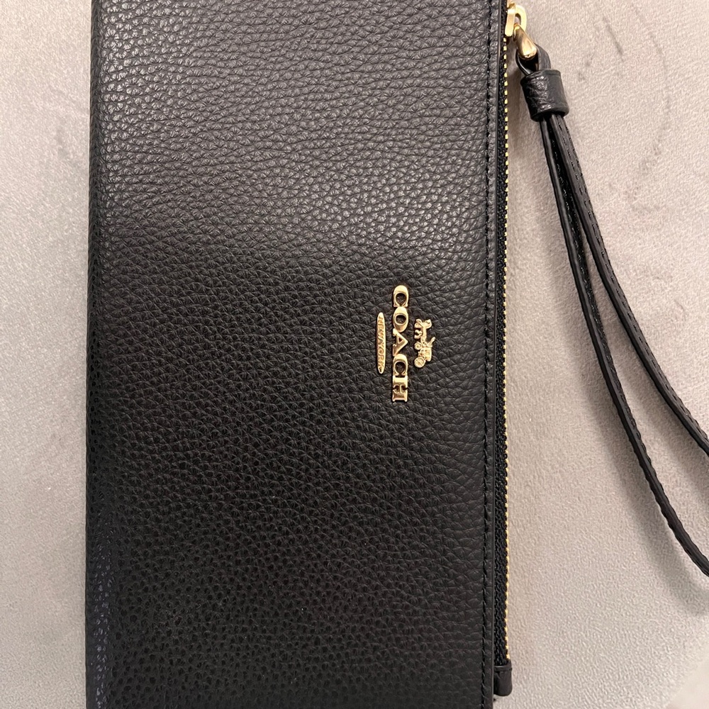 Coach Black Leather Wristlet with Gold Accents